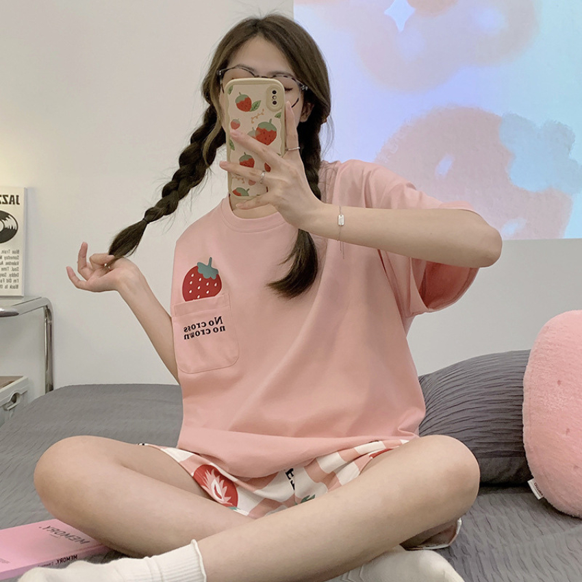 (Sẵn) Bộ Ngủ Cotton Mềm Mại Thoải Mái, Pyjama Bộ Ngủ Nữ Mặc Nhà Ngắn Tay In Hình Dễ Thương Hàng Quảng Châu