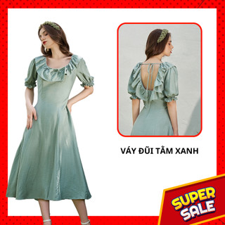 Đầm xanh cỏ bèo vải đũi xước 2VA0004 HESTIA DESIGN