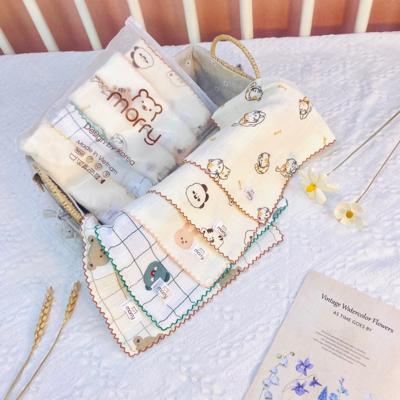 Sét 5 khăn sữa  Muslin Morry 4 lớp cho bé- khăn rửa mặt cho bé