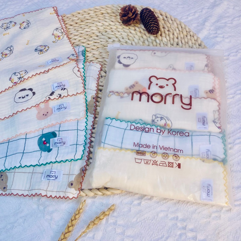 Sét 5 khăn sữa  Muslin Morry 4 lớp cho bé- khăn rửa mặt cho bé