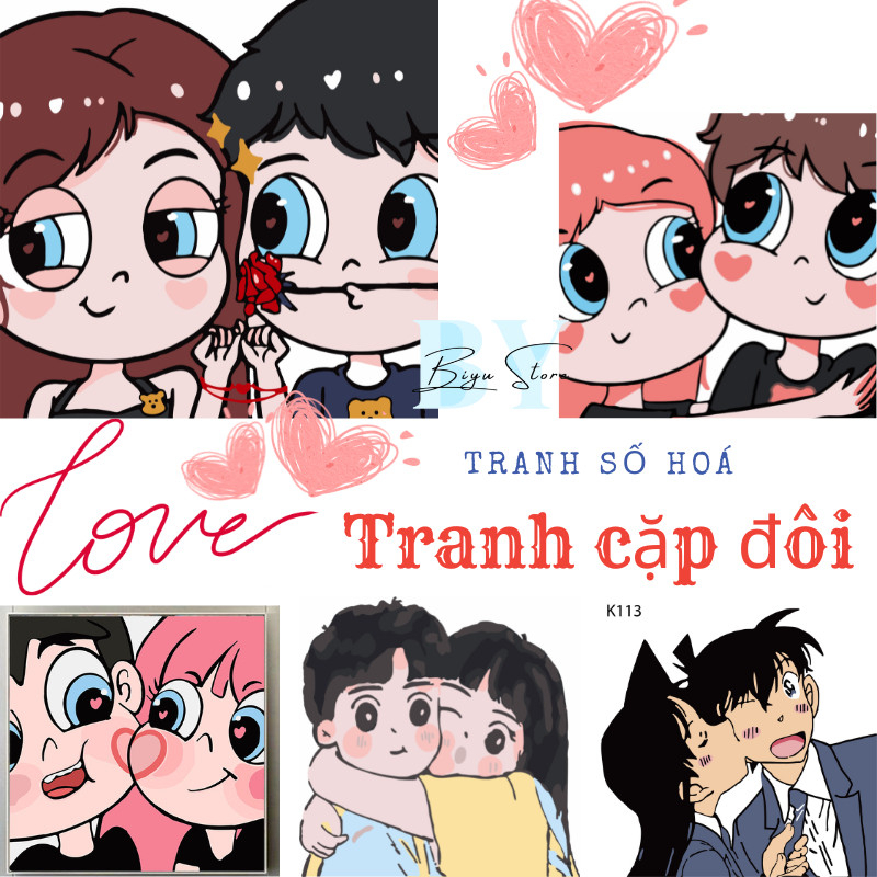 Tranh tô màu theo số cặp đôi tình yêu Couple, Tranh số hóa tô màu theo số hoạt hình đã căng khung sẵn BY06