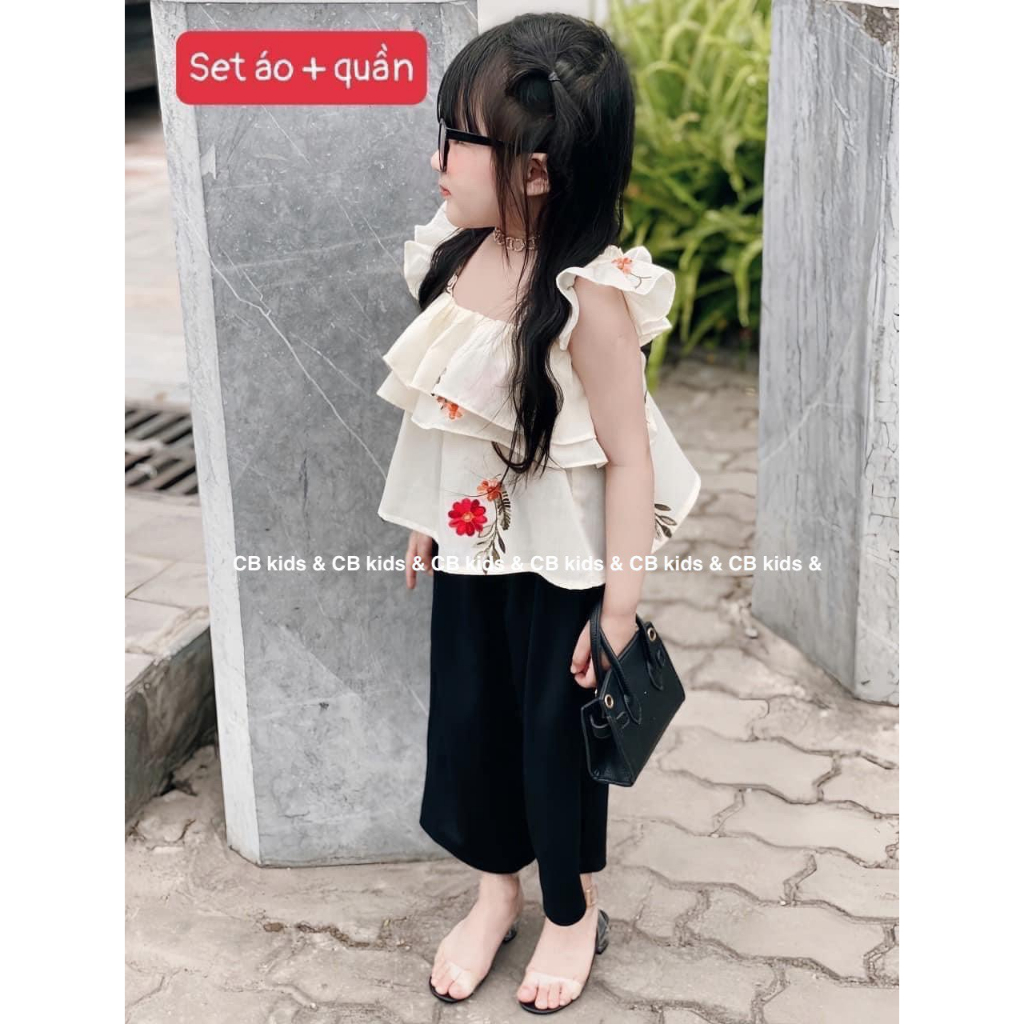Set bộ áo thêu hoa bèo mix quần suông cho bé gái