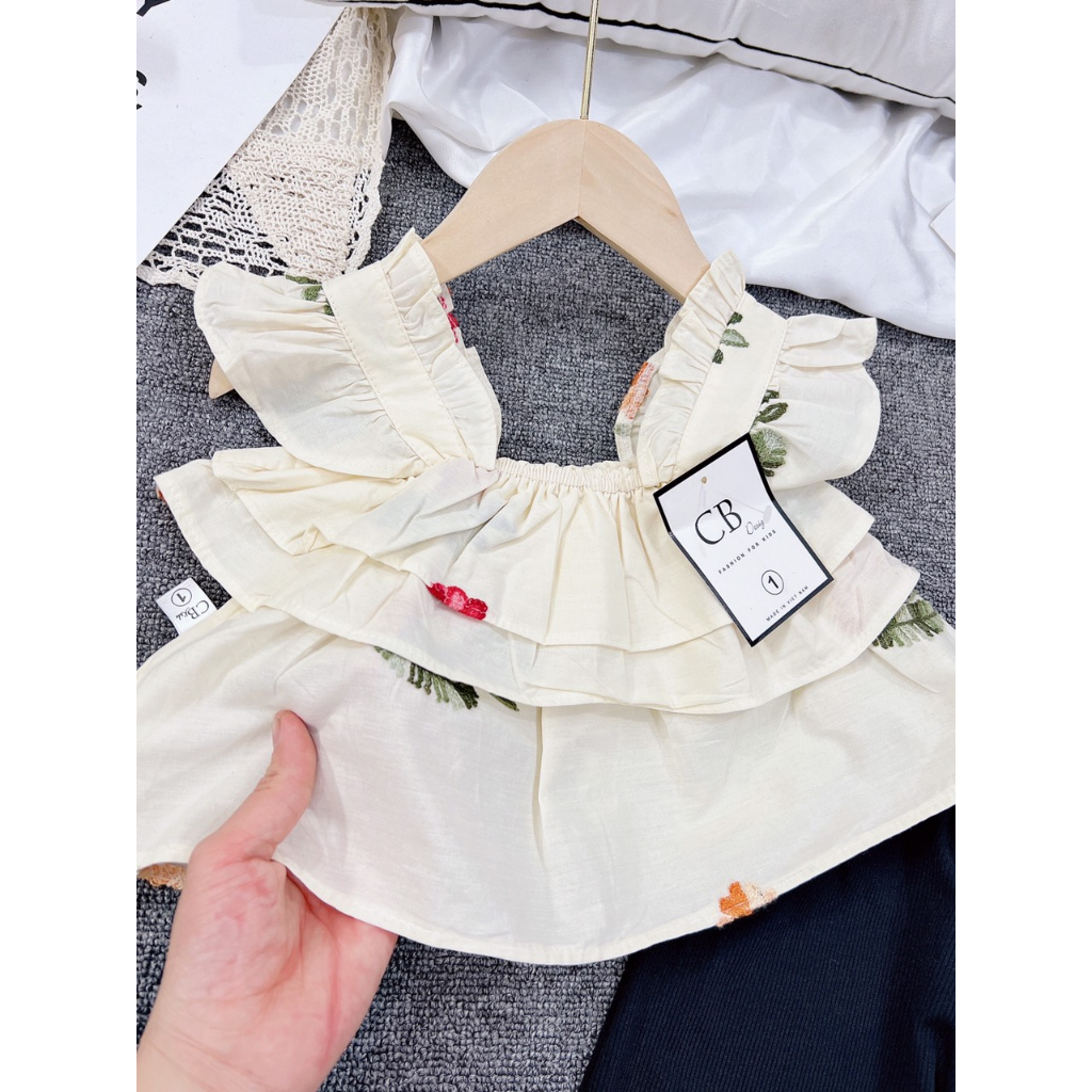 Set bộ áo thêu hoa bèo mix quần suông cho bé gái