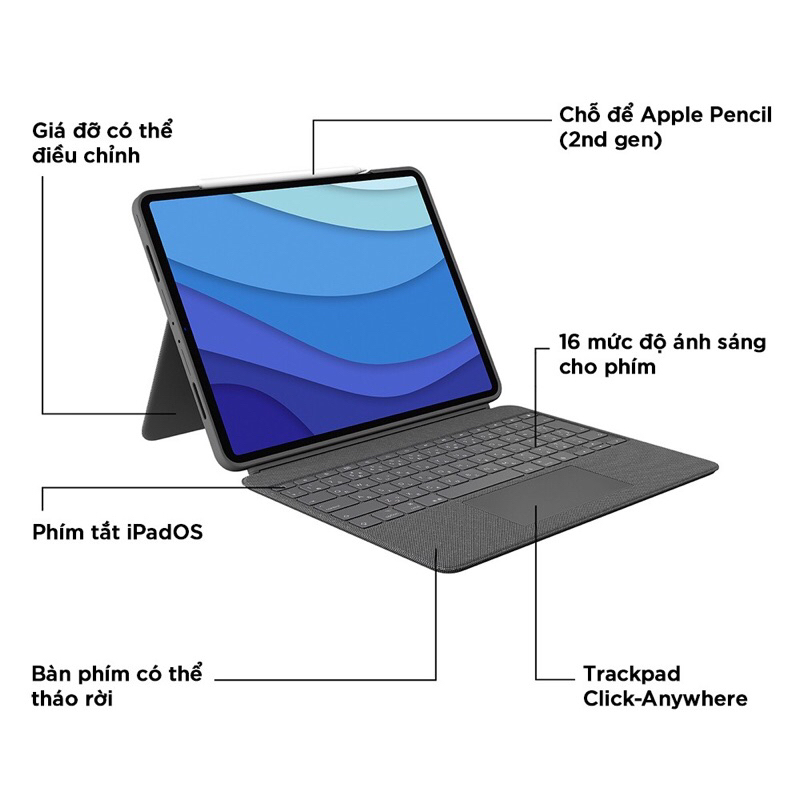 Bao da kèm bàn phím Logitech Combo Touch dành cho iPad Pro 11 và 12.9 inch - Có trackpad