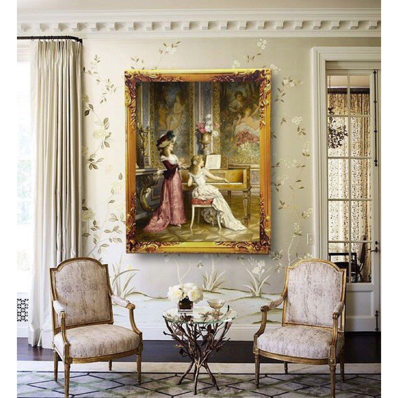 (Tặng kèm Đinh) Tranh in cổ điển 2 nàng thiếu nữ chơi đàn trang trí decor