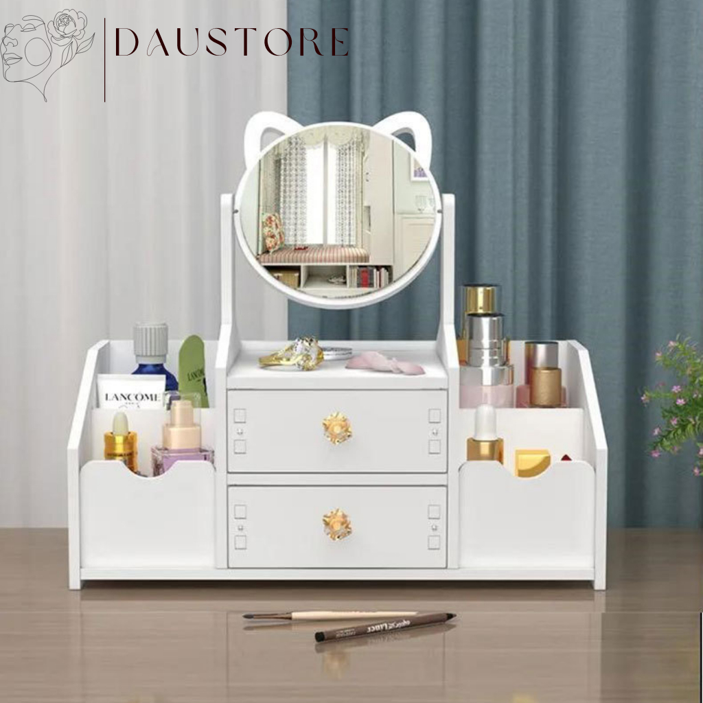 Tủ Để Đồ Trang Điểm Mini - Khay Đựng Mỹ Phẩm Nhiều Ngăn Có Gương Mèo Để Bàn 11609