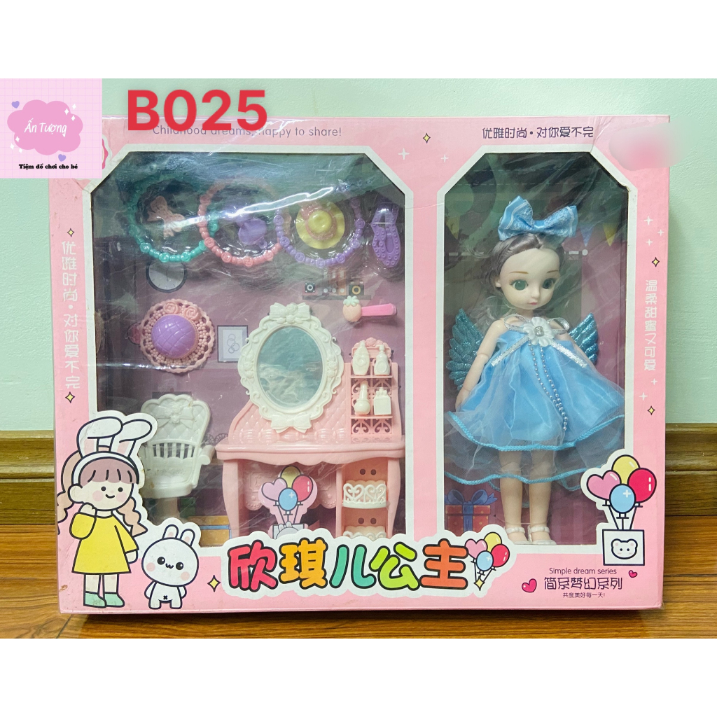 Đồ chơi bé gái - Đồ chơi búp bê- Hộp búp bê Barbie, búp bê BJD khớp xoay đầm xanh kèm phụ kiện bàn, ghế trang điểm, make