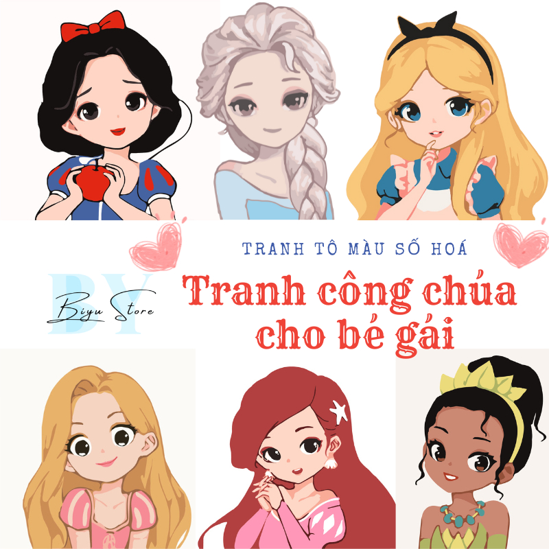 Tranh Số Hóa Hình Công Chúa Cho Bé Gái - Tranh Tô Màu Theo Số 20x20, 30x30- Quà tặng cho bé yêu BY07