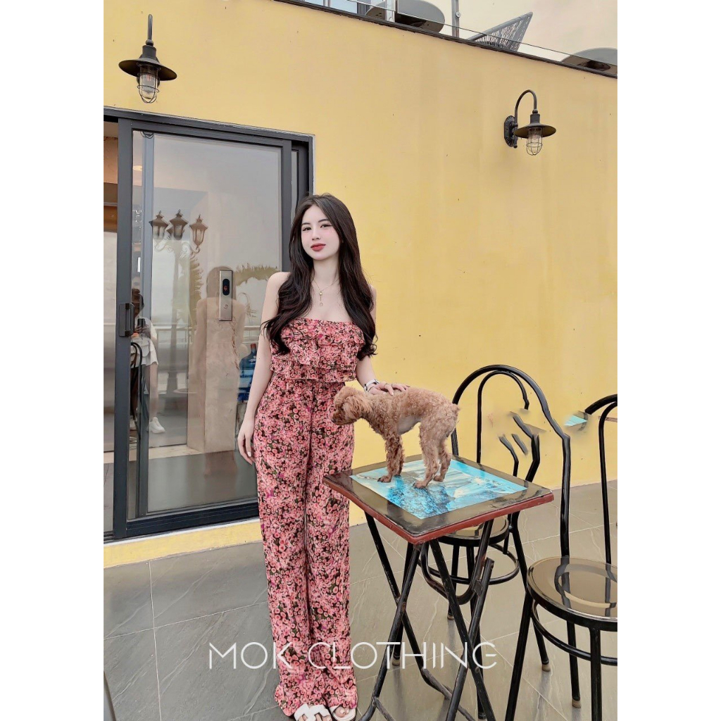 Set đồ nữ áo cúp ngực bèo xếp tầng phối quần suông dài ống rộng đứng phong cách bánh bèo điệu đà hàng thiết kế cao cấp