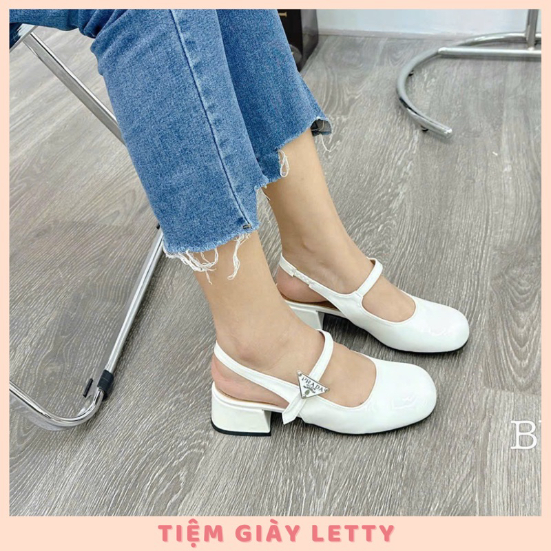 Giày cao gót búp bê đế vuông pradaa cao 3-5cm màu trắng và đen xinh đẹp da bóng cao cấp fullbox