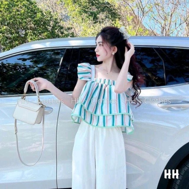 Sét áo 2 dây bèo tầng và quần suông trắng cực xinh