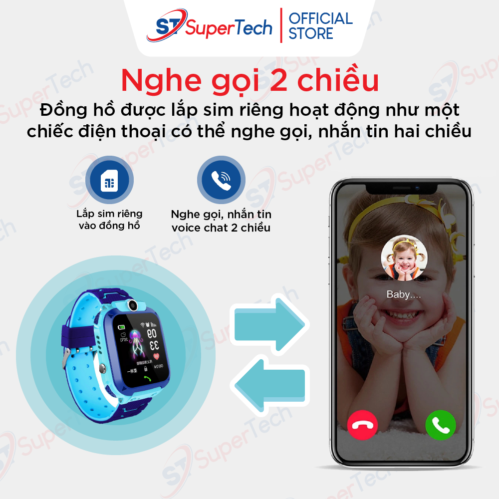 Đồng hồ định vị, đồng hồ thông minh trẻ em SuperTech Q12 2023 lắp sim nghe gọi hai chiều, định vị chính xác, tiếng việt | BigBuy360 - bigbuy360.vn