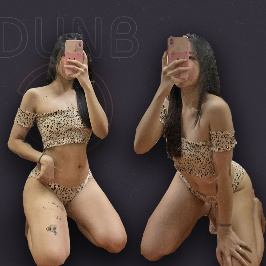 DUNBFIT Bikini 2 mảnh Đồ bơi 2 mảnh họa tiết da báo Màu kem sữa Chun nhún ngực Áo quây