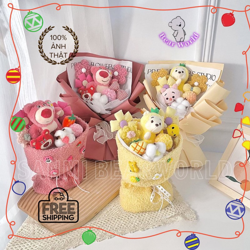 Bó Hoa Gấu Nhồi Bông Bọc Vải Mềm Mại Dễ Thương Cao Cấp Bear World, Quà tặng 8/3, 20/10, Sinh Nhật