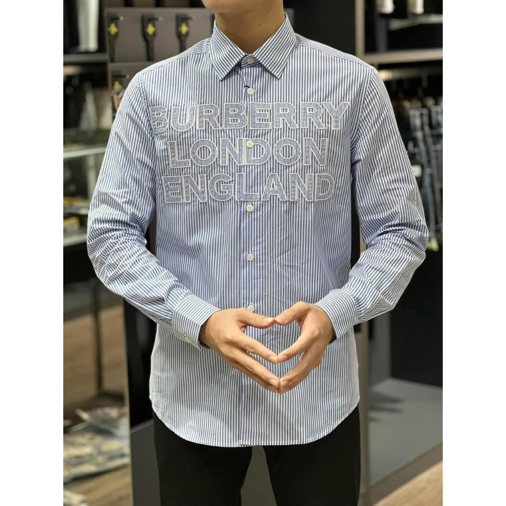 Áo sơ mi dài tay Burberry Xanh sọc logo chữ ngực LA 1-1 on web