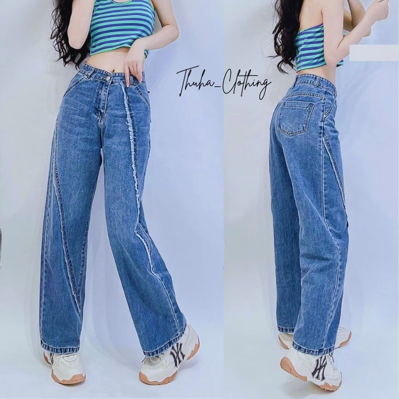 Quần Jean Nữ Ống Rộng Dáng Cao Phối Viền Chéo, Quần Bò Nữ Dáng Suông Cạp Cao Tôn Dáng Vải Bò Dày Đẹp của Thuha_Clothing
