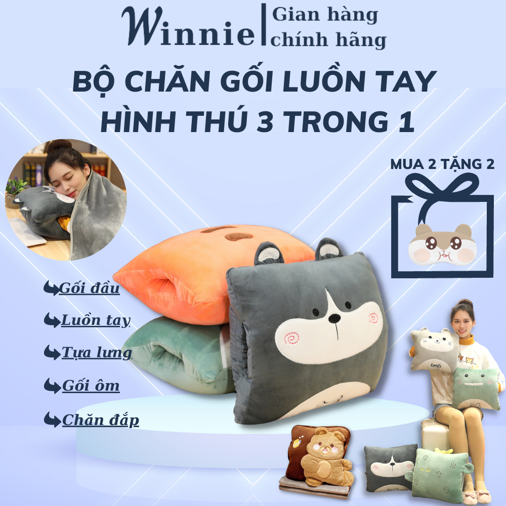 Bộ chăn gối luồn tay văn phòng 3 trong 1 hình thú dễ thương, Chăn ngủ văn phòng tiện ích - kích thước 100x170cm