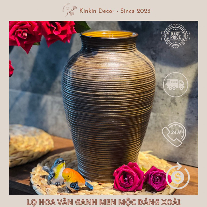 Lọ hoa decor vân ganh men mộc/ men trắng gốm sứ Bát Tràng dáng xoài