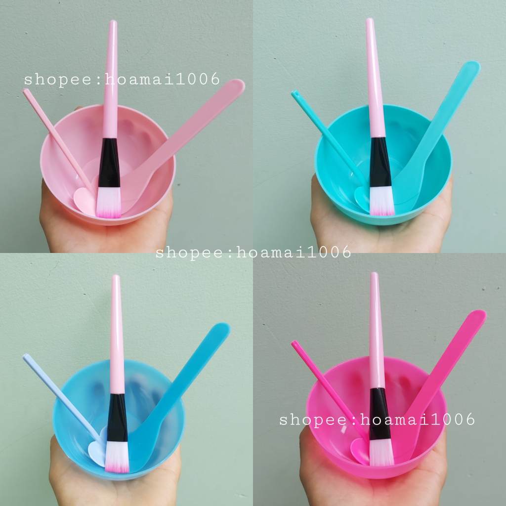 BỘ TRỘN MẶT NẠ 4 MÓN CỌ CÁN HỒNG (Kèm Túi Zip): chén trộn mặt nạ, que nhựa, xẻng múc bột