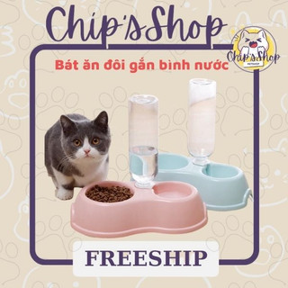 Bát đôi gắn bình cấp nước tự động , bát ăn đôi cho chó mèo ,bát kèm bình nước cho chó mèo thú cưng pet