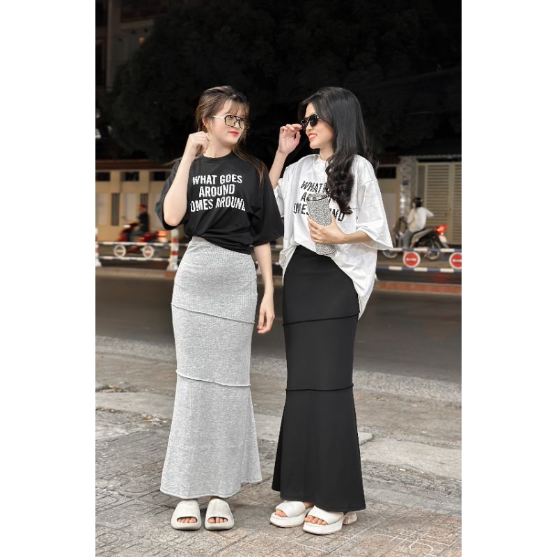 Set áo thun in chữ kết hợp chân váy đuôi cá dáng dài cực kì tôn dáng, phong cách và sang chảnh. Hàng quảng châu loại 1.