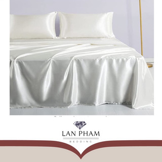 (Loại 1) Bộ Vỏ Chăn Ga Gối Phi Lụa 5 Món Cao Cấp Mát,Mềm,Mịn Lan Bedding- Màu Trắng