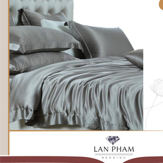 (Loại 1) Bộ Vỏ Chăn Ga Gối Phi Lụa 5 Món Cao Cấp Mát,Mềm,Mịn Lan Bedding- Màu Xám Ghi