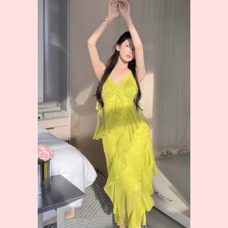 Váy maxi voan màu xanh lá viền bèo Váy maxi bèo dáng xinh đi chụp hình sống ảo Maxi Đi Biển đầm Váy Maxi Dáng Dài Xòe