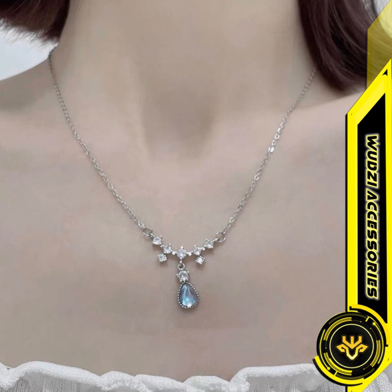 Dây chuyền bạc S925 đính đá mặt trăng moonstone phong cách Hàn Quốc thiết kế thanh lịch Đơn Giản thời trang Cổ Điển