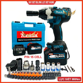 Máy siết bulong không chổi than 21V chạy pin lực siết 980Nm - đầu đặc 1/2 - 02 Pin 15cell chuẩn Dung Lượng Khủng