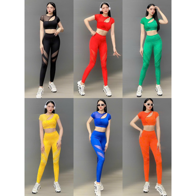Bộ thể thao nữ, bộ cộc tay dây pha lưới khoét vai Chất thun lạnh co dãn sẵn mút ngực tập gym, yoga, ...