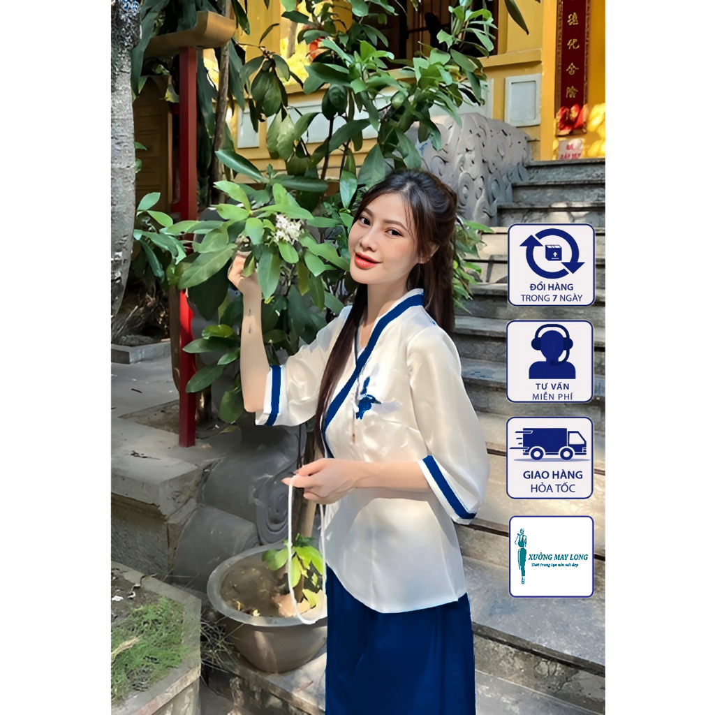 Đồ lam đi chùa nữ đồ lam nữ viền thêu hạc set đồ lam nữ đi chùa xinh xắn set pháp phục 4 màu