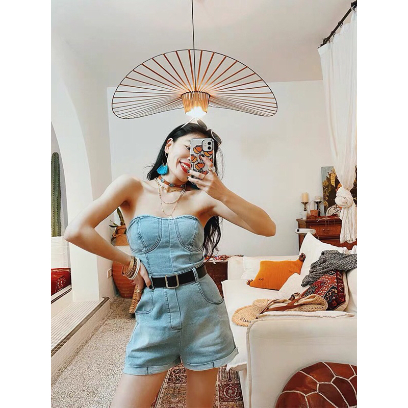 Jumsuit jean quây ngực kèm belt ( order)