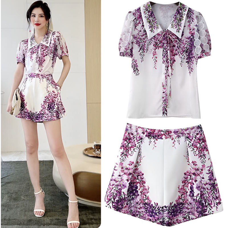 ( HÀNG QUẢNG CHÂU CAO CẤP ) SET BỘ LỤA MỚI 2023- ÁO SƠ MI TAY PHỒNG PHỐI REN THẮT NƠ, QUẦN SHORT ĐÙI LƯNG CAO – HỌA TIẾ