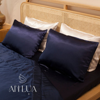 Bộ chăn drap 5 món An Lụa - Xanh đen - vải lụa mịn mát và thân thiện cho da