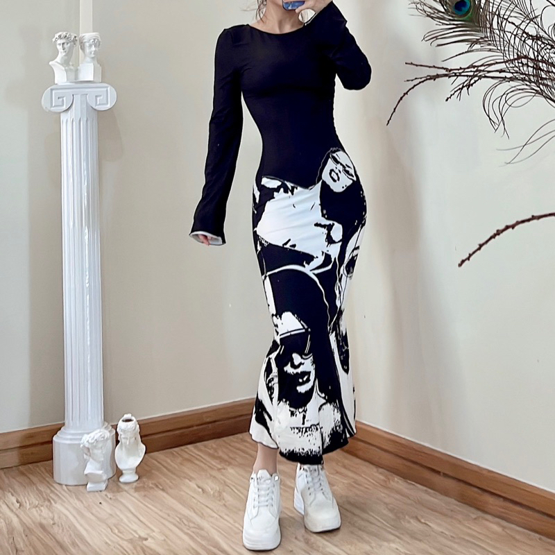 Đầm dài đen trắng hoạ tiết trẻ trung và hiện đại (hình thật)