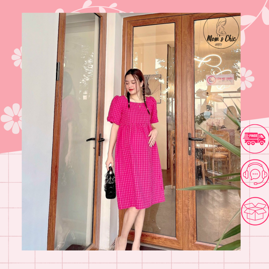 Váy bầu, đầm bầu thiết kế chất liệu vải dập cao cấp dáng babydoll 2 màu hồng tím size 40-80kg