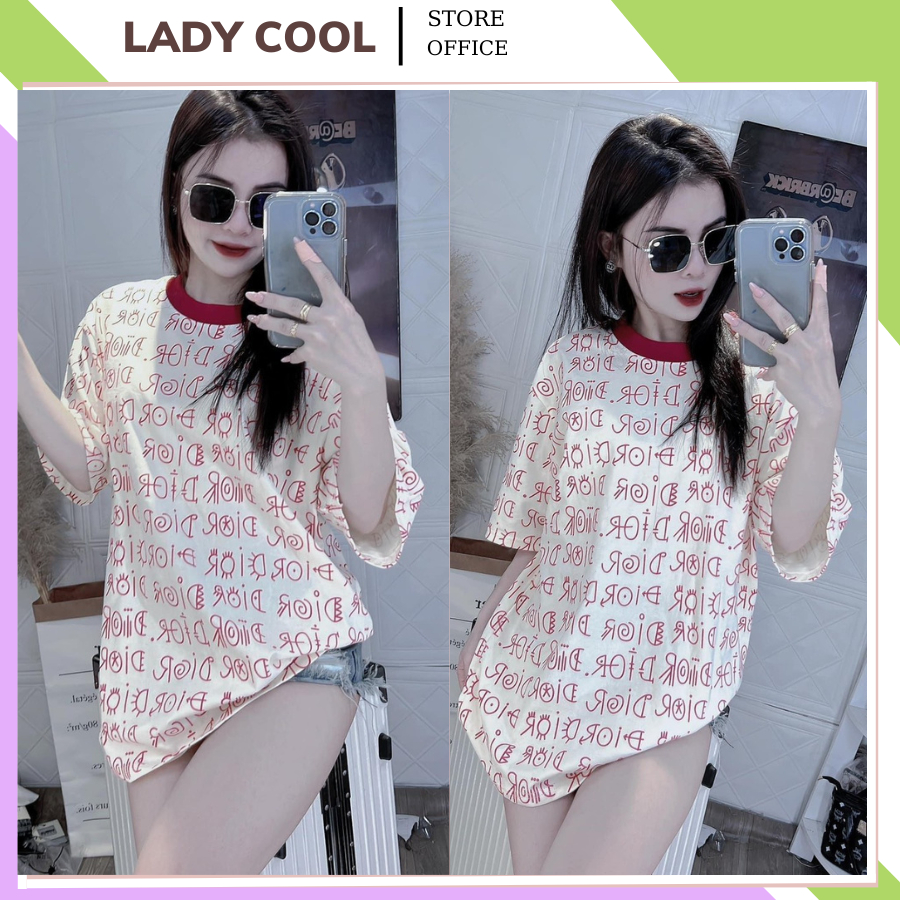 Áo thun tay lỡ nữ chữ Đ.i.o.r màu hồng cổ tròn, áo phông rộng siêu dễ thương chất đẹp