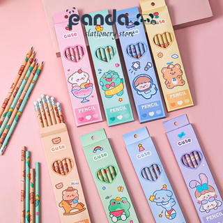 Set 6 bút chì gỗ HB kèm gôm tẩy PANDA họa tiết hoạt hình cute, bút chì 2B