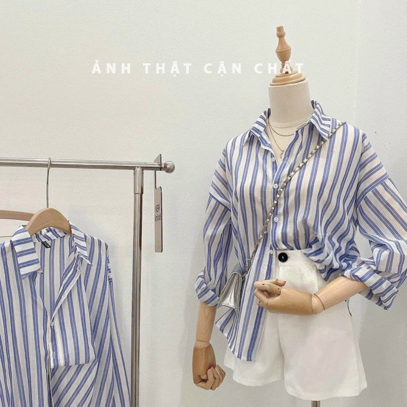 Áo sơ mi sọc xanh phong cách hàn quốc