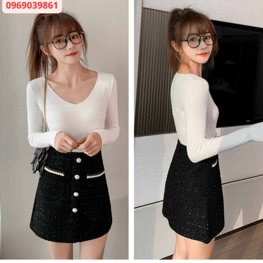 Chân Váy Đầm Chữ A Dáng Ngắn Và Dài Chất Liệu Dạ Trẻ Trung Với 2 Túi Trước Cùng Hàng Khuy Ngọc Ở Giữa Tạo Nét Sang Trọng
