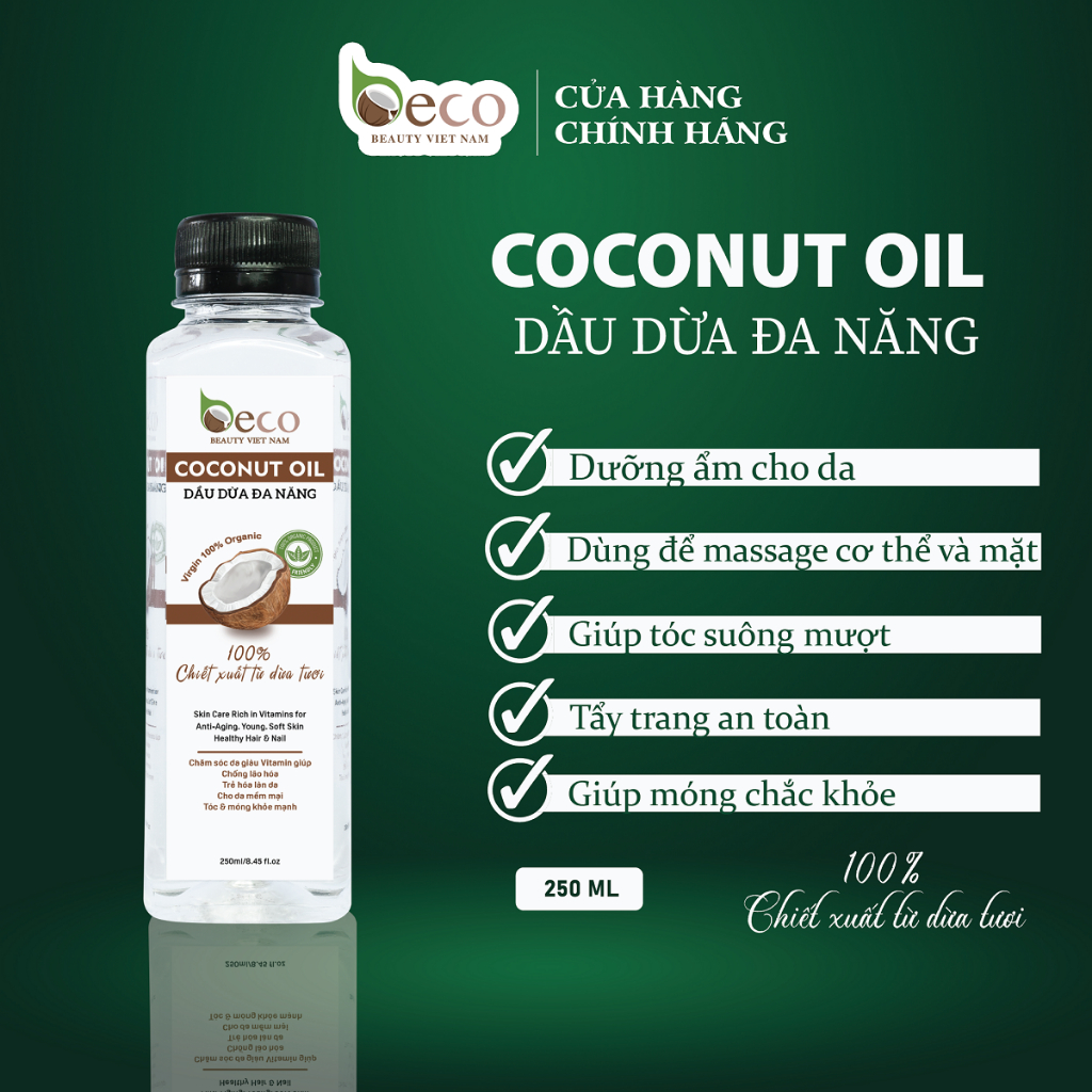 Dầu dừa đa năng Beco Beauty Vietnam giúp dưỡng ẩm cho da khô, dưỡng tóc, dùng massage mặt và body - 250ml | BigBuy360 - bigbuy360.vn