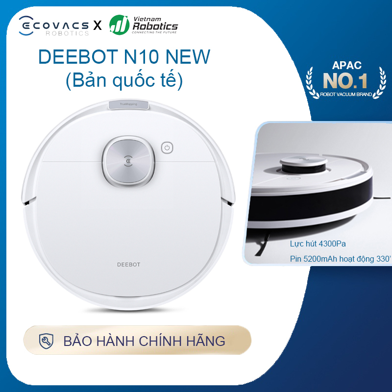 Robot hút bụi lau nhà Ecovacs Deebot N10 New - Trắng Bản Quốc tế - App Tiếng Việt, hàng nhập khẩu chính hãng full VAT