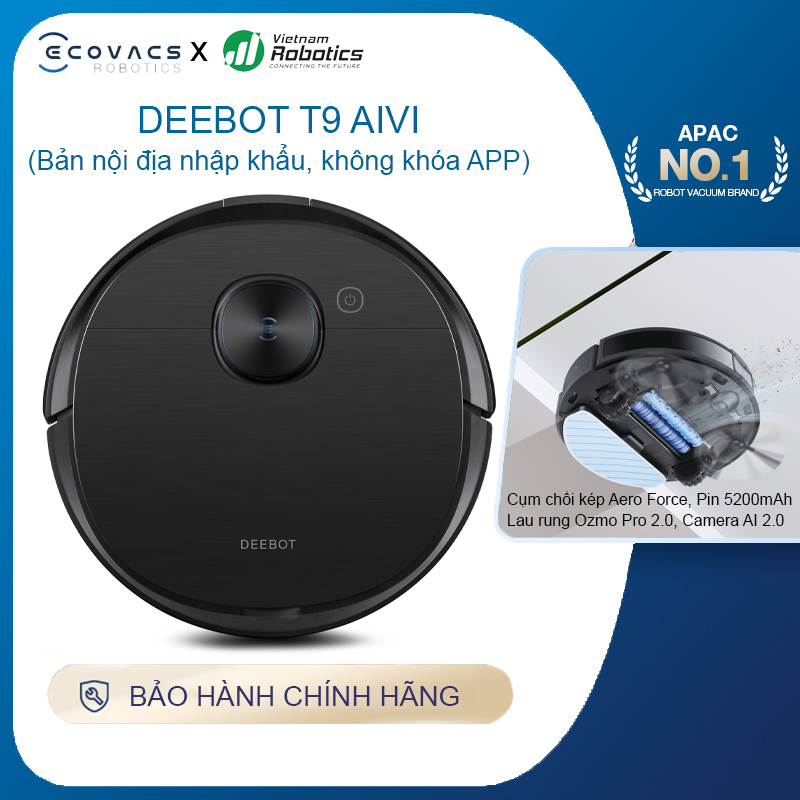 Robot hút bụi lau nhà Ecovacs Deebot T9 AIVI - Đen Bản nội địa - App Tiếng Anh, hàng chính hãng full VAT