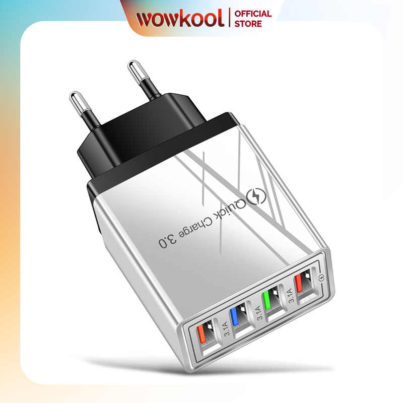 Củ sạc nhanh WOWKOOL cao cấp hỗ trợ 4 cổng USB có đèn LED cho điện thoại iPhone Android