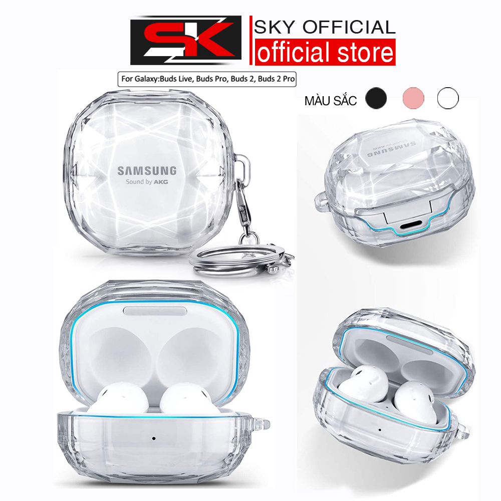 Vỏ Bảo Vệ Hộp Sạc Tai Nghe Galaxy Buds 2 Live Pro Bằng TPU Trong Suốt Đính Kim Cương Kèm Móc Khóa