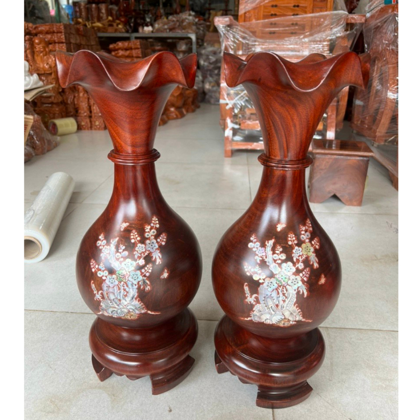 Cặp Lục Bình Tỏi Gỗ Lim Cẩn Hoa Cao 50cm x18cm
