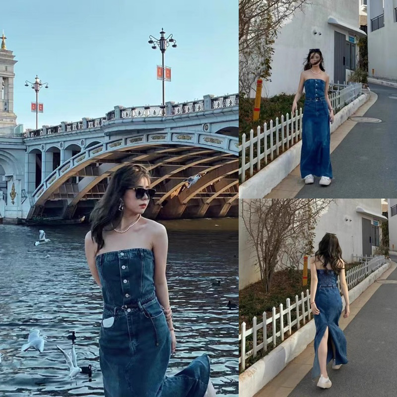 Đầm maxi quây denim váy Zara xuất V069
