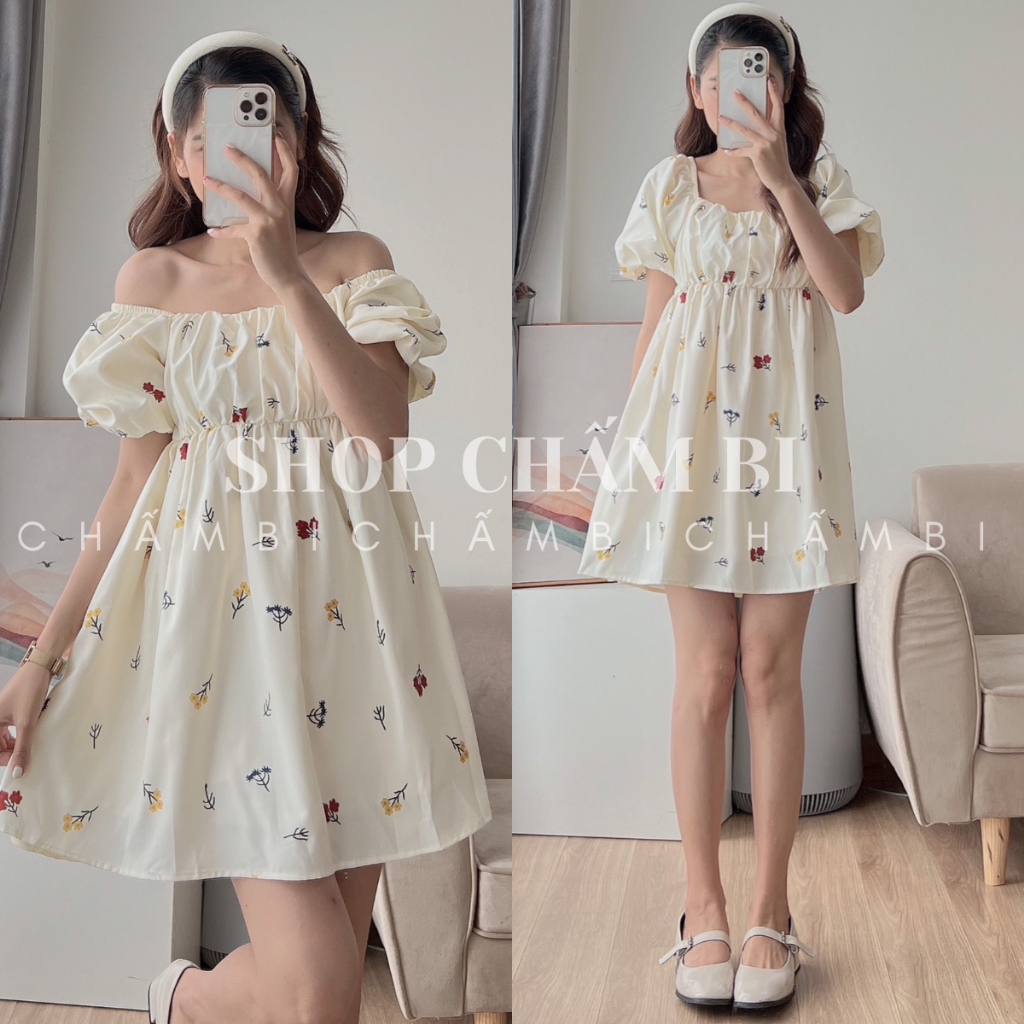 Váy nữ dáng ngắn V.141, Váy babydoll hoa chun ngực tay bồng cổ vuông tiểu thư cực xinh - Shop Chấm Bi