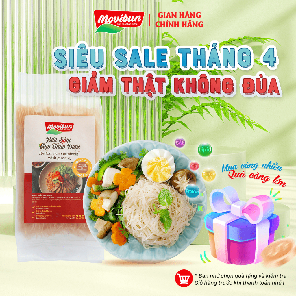 Bún sâm gạo thảo dược Movibun, bún thực dưỡng Eatclean vị thanh, thơm bùi. bổ sung canxi, protein, sắt, lipid, omega 6,9